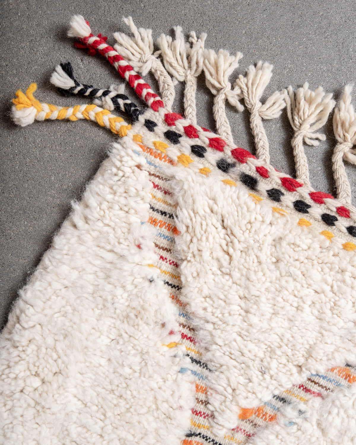 Modern, designer, handcrafted Berber rug from Morocco. Beniourain carpet with beautiful colours and patterns and fluffy wool texture.